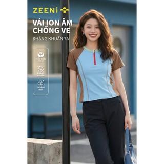 ZEENi áo hè Áo thun nữ thấm hút mồ hôi nhanh Áo thun thể thao ngắn tay Nâu Splice thời trang ăn mặc