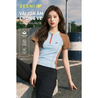 ZEENi áo hè Áo thun nữ thấm hút mồ hôi nhanh Áo thun thể thao ngắn tay Nâu Splice thời trang ăn mặc