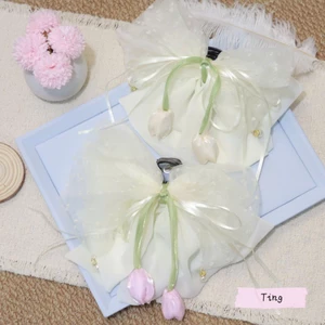 Kẹp Nơ Tóc Vải Voan Trắng Đính Bông Tulip Lụa Xinh Xắn - Phụ Kiện Tóc Phong Cách Hàn Quốc Đi Tiệc Đi Cafe Chụp Ảnh