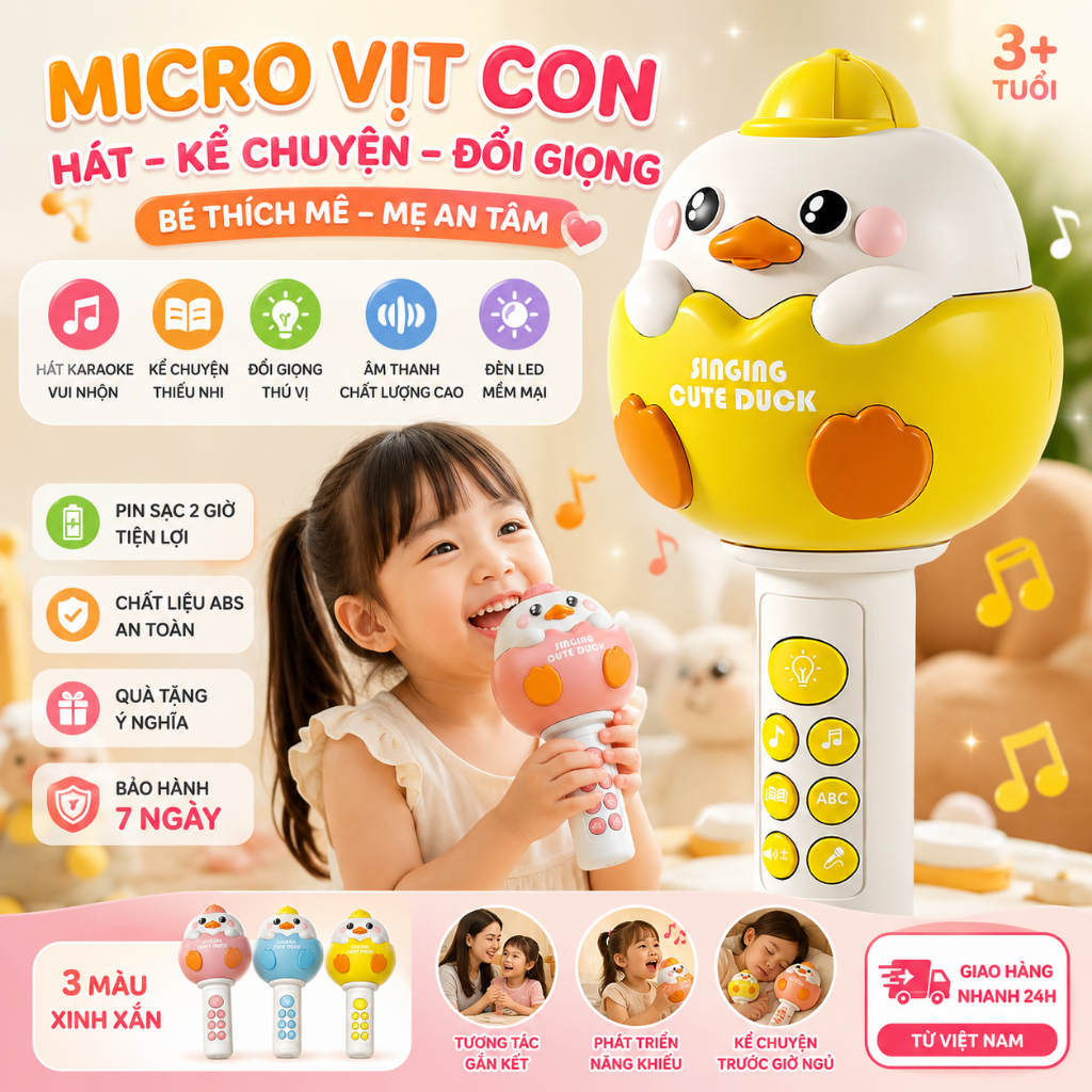 Mic Karaoke Cho Bé Hình Chú Vịt - Nhựa Cao Cấp An Toàn, Món Quà Giáo Dục Sớm Lý Tưởng Cho Bé Từ 3 Tuổi