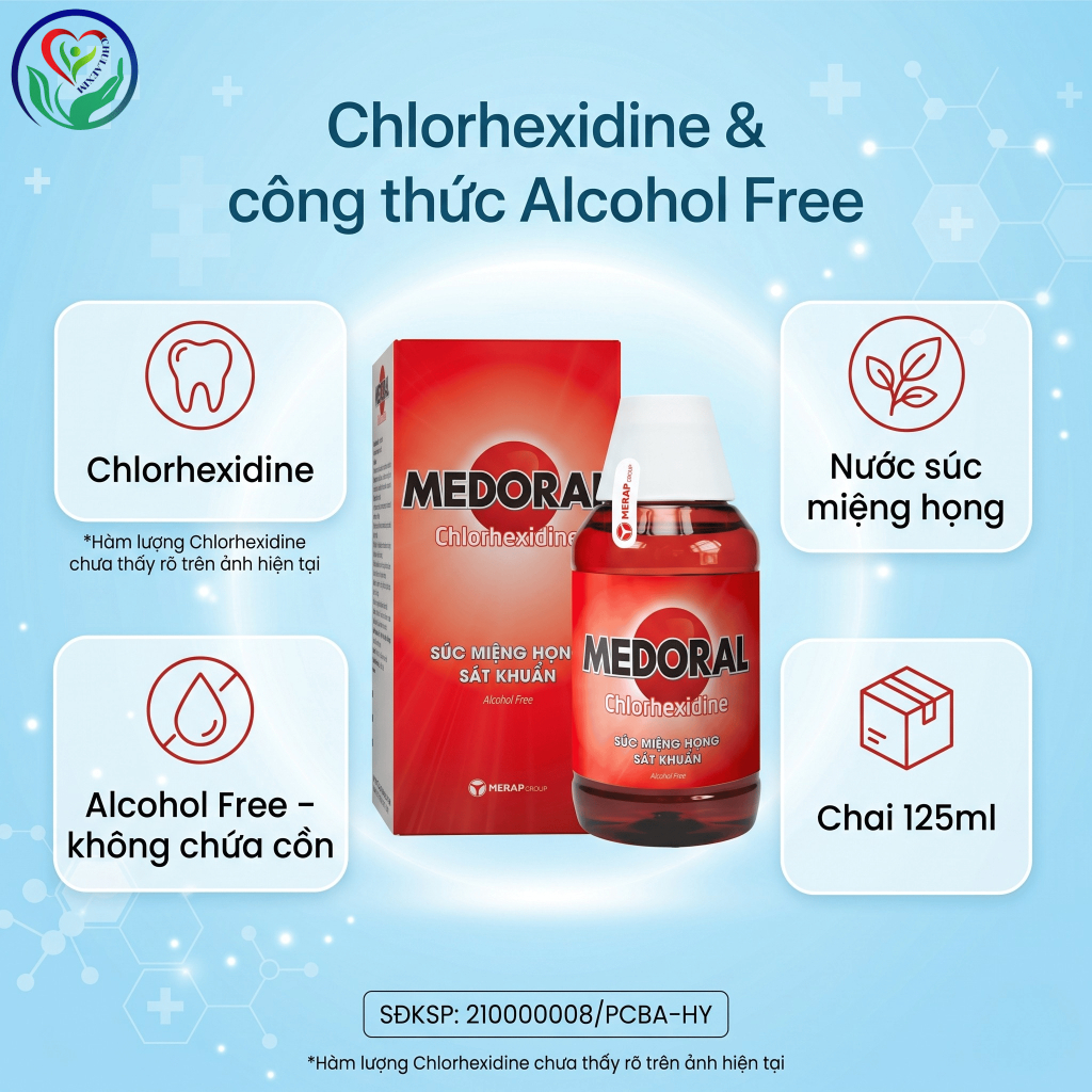 Nước súc miệng họng Medoral Chlorhexidine 125ml hỗ trợ làm sạch khoang miệng, chăm sóc nướu họng