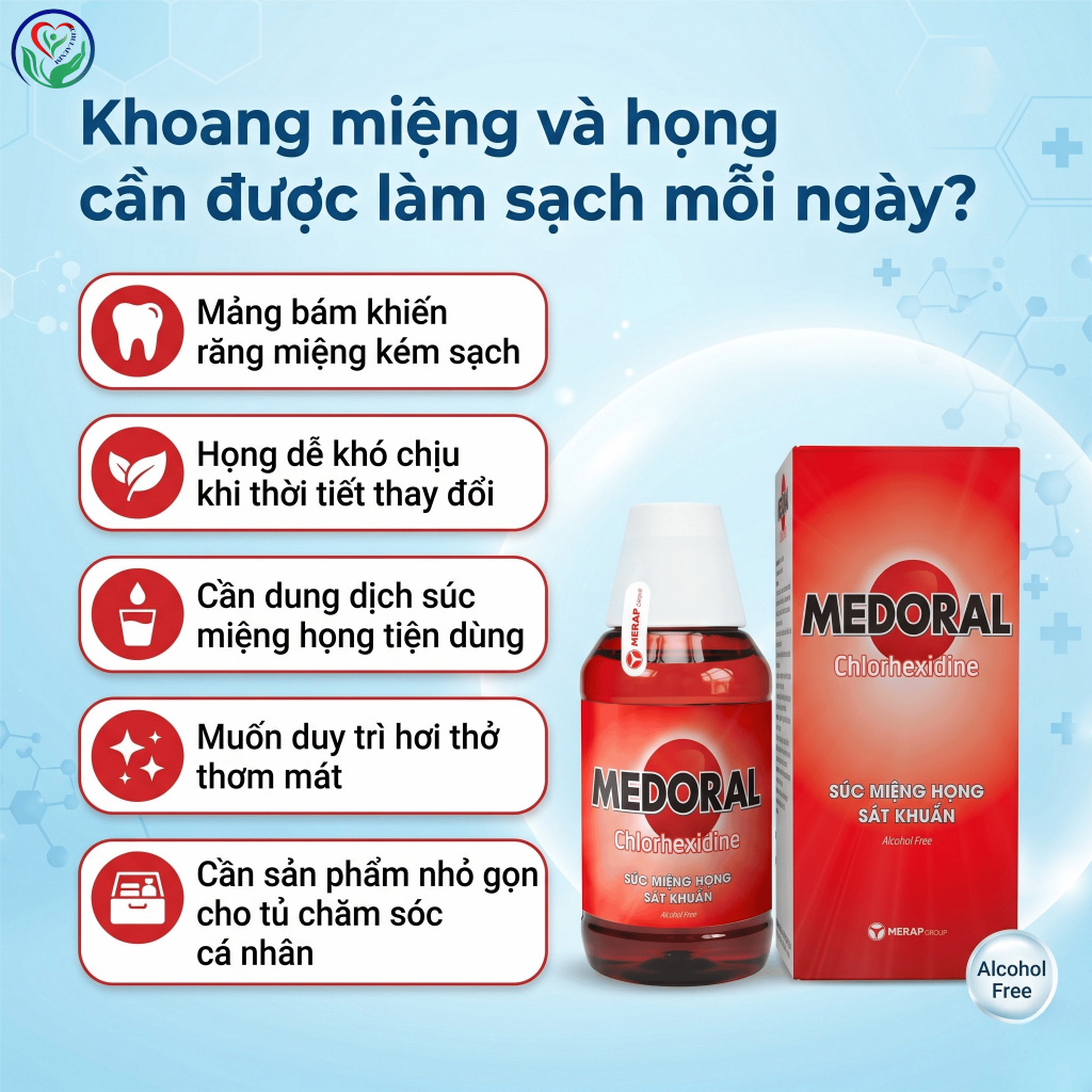 Nước súc miệng họng Medoral Chlorhexidine 125ml hỗ trợ làm sạch khoang miệng, chăm sóc nướu họng
