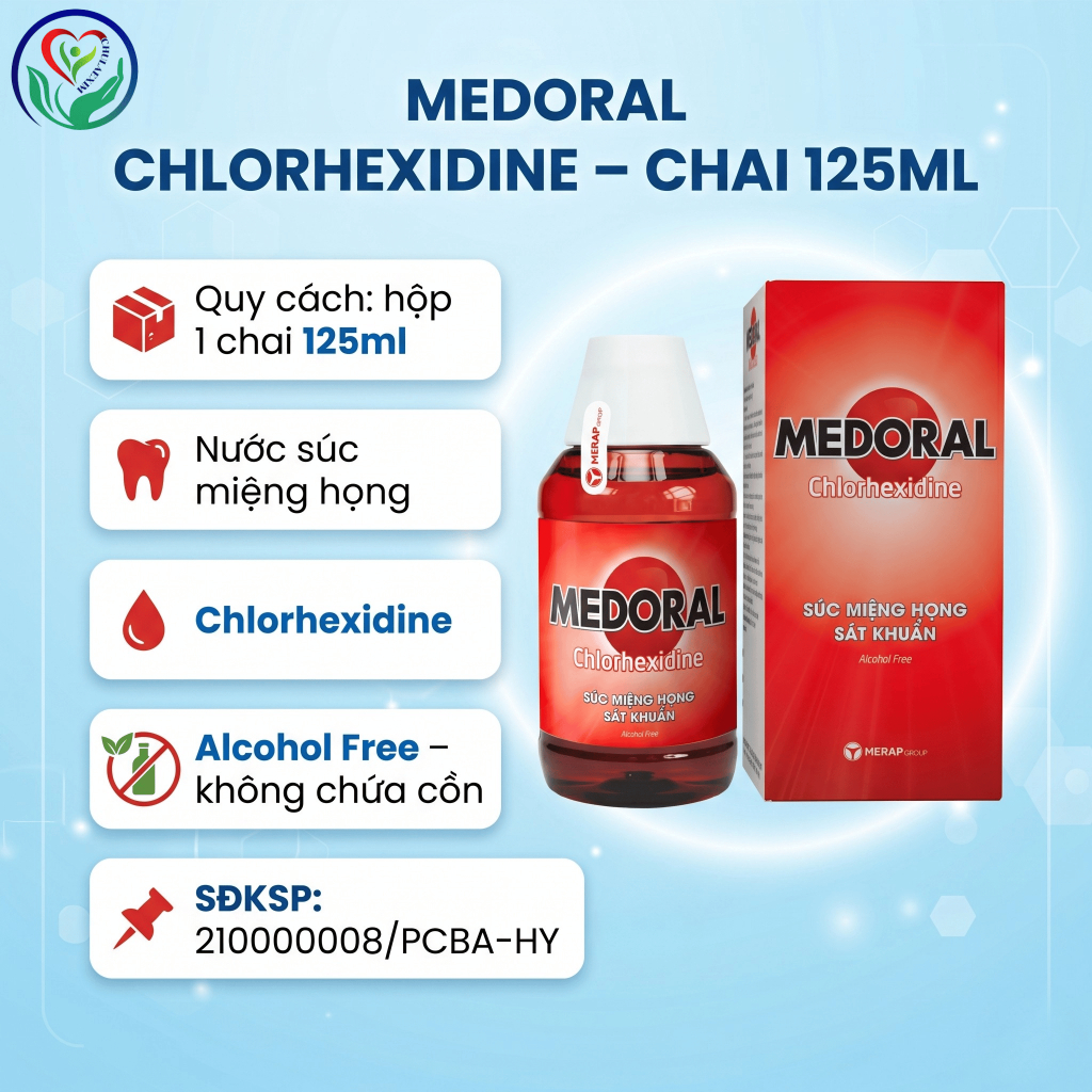 Nước súc miệng họng Medoral Chlorhexidine 125ml hỗ trợ làm sạch khoang miệng, chăm sóc nướu họng