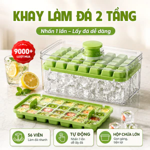 Hộp Khay Làm Đá Thông Minh ECO 2 Tầng 56 Viên, Khay Đá Nhấn Nút Lấy Đá Dễ Dàng Có Nắp Ngăn Mùi