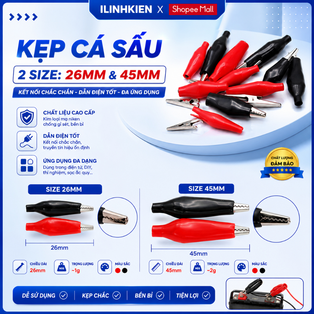 Đôi kẹp cá sấu nhỏ 26mm (1 đen + 1 đỏ) chính hãng ilinhkien