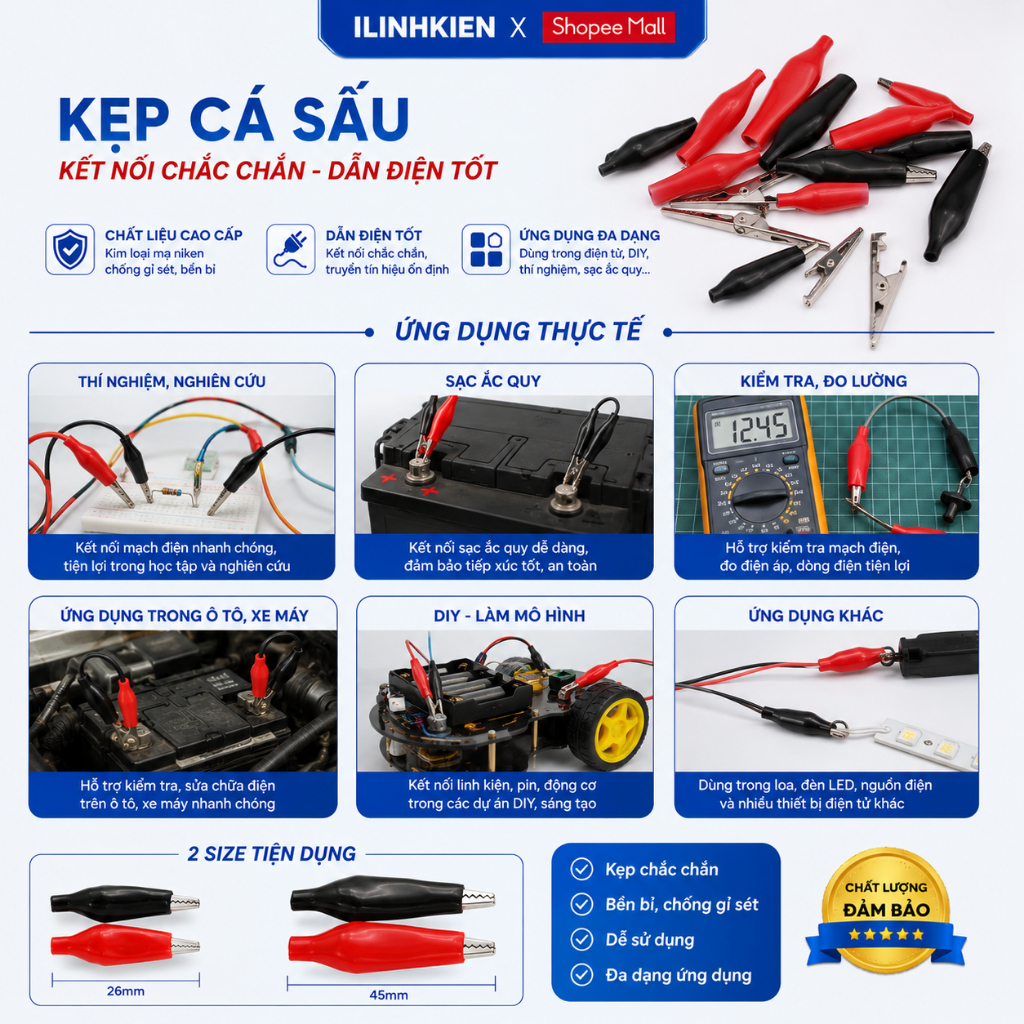 Đôi kẹp cá sấu nhỏ 26mm (1 đen + 1 đỏ) chính hãng ilinhkien