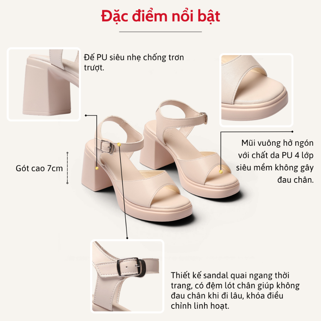 Giày Sandal Cao Gót Nữ Đúp 7cm Quai Ngang Pixie H131