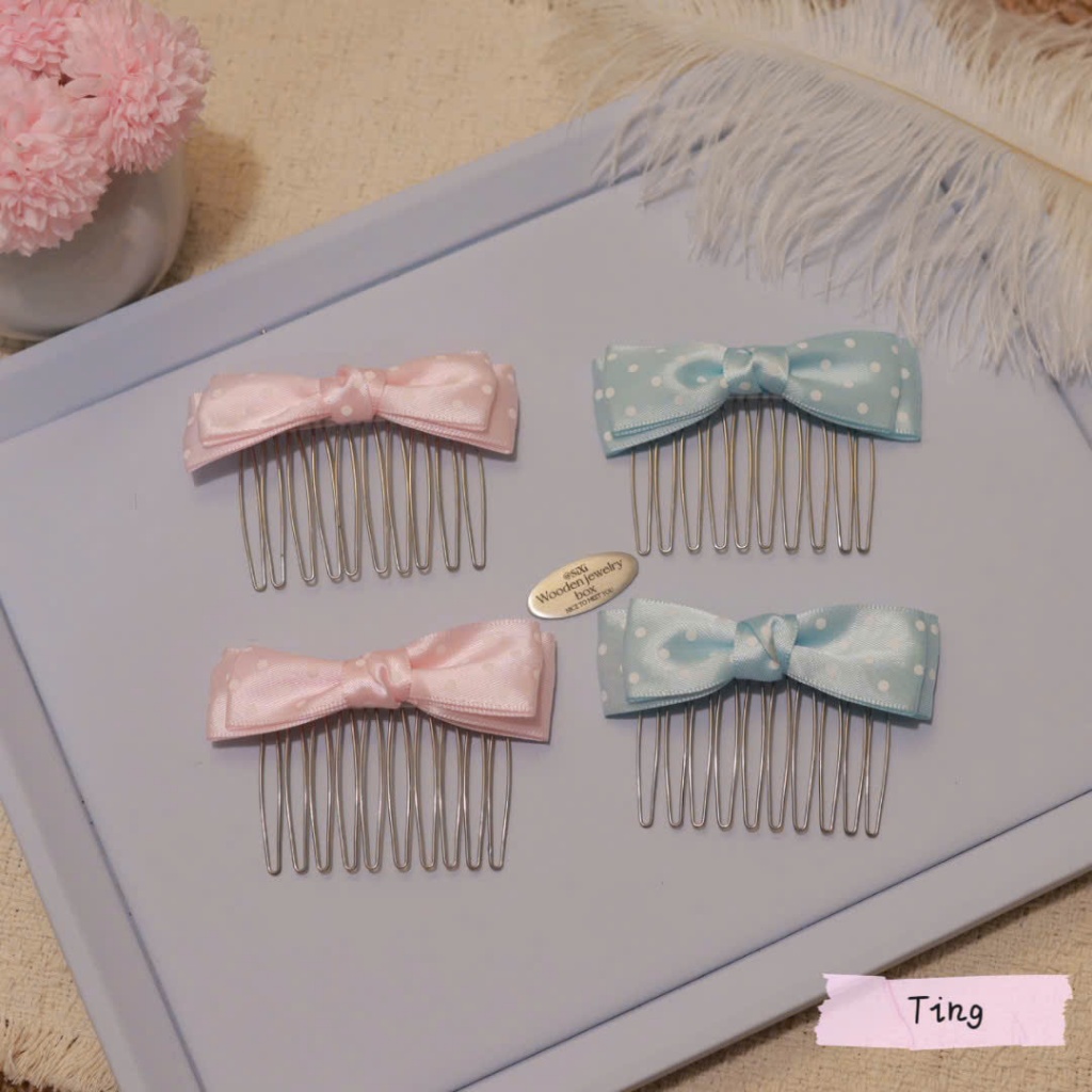 Lược Cài Tóc Kim Loại Đính Nơ Satin Chấm Bi - Xước Tóc Mái Màu Pastel Ngọt Ngào Phong Cách Tiểu Thư Hàn Quốc