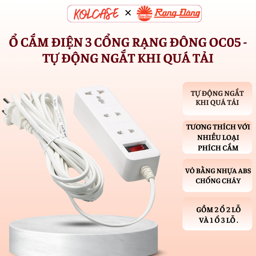 Ổ Cắm Điện 3 Cổng Rạng Đông OC05 - Tự Động Ngắt Khi Quá Tải, An Toàn và Tiện Lợi Cho Gia Đình