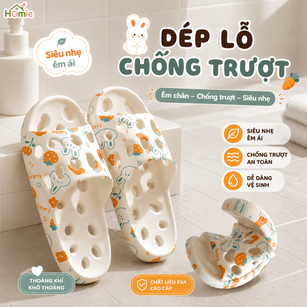 Dép Lỗ Chống Trượt Nhà Tắm Thoát Nước Thoáng Khí HOMIE, Dép Đi Trong Nhà Đúc Nguyên Khối Siêu Êm