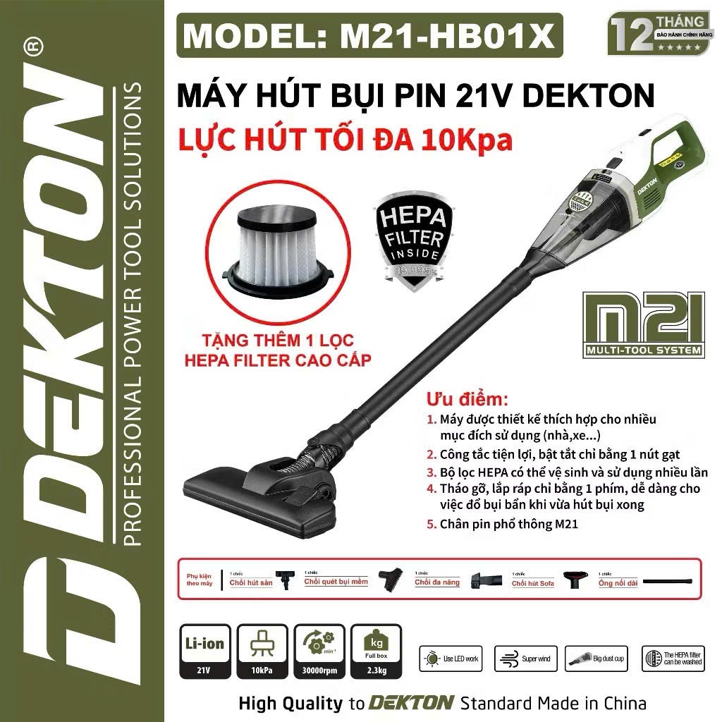 Thân Máy Hút Bụi Cầm Tay Dùng Pin Dekton M21-HB01 Lực Hút Tối Đa 10Kpa Chân Pin Phổ Thông Makita