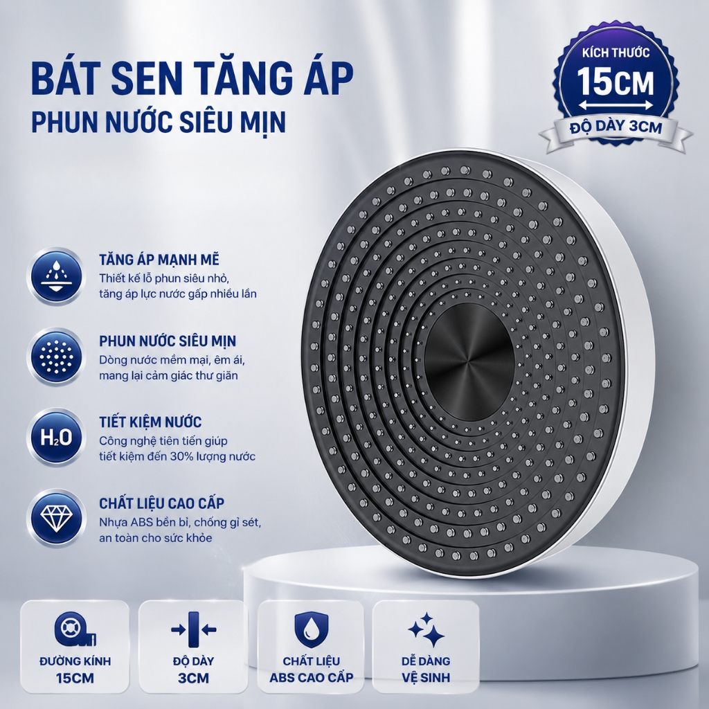 Bộ Bát Sen Tắm Đứng QMS, Bát Sen Nóng Lạnh Nhựa ABS 15cm, 20cm Tròn Dày Mặt Mica, Xoay 360 Độ