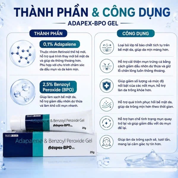 Kem Bôi Chấm Mụn Adapex BPO Adapalene & Benzoyl Peroxide Gel Làm Dịu Da Mờ Thâm 20g