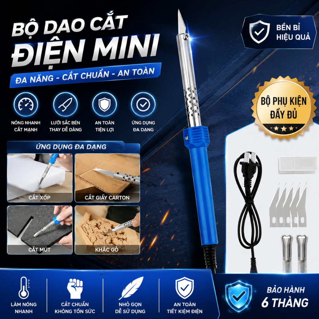 Bộ Dao Cắt Điện Mini Cầm Tay 60W – Dao Nhiệt Cắt Xốp, Foam EVA, Carton, Mút Xốp, Dụng Cụ DIY Đa Năng Kèm 5 Lưỡi