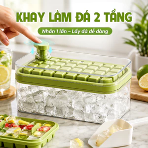 Hộp Khay Làm Đá Viên 2 Lớp Nhấn Lấy Đá Tự Động, Khay Làm Đá Tủ Lạnh 56 Ô Có Nắp Ngăn Mùi Tiện Lợi