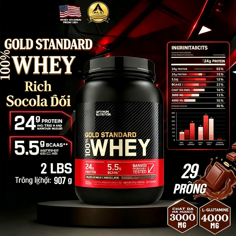 Bột Whey Vàng Chuẩn ON 2lbs Socola Không Chất Phụ Gia Ăn Kiêng Keto Giảm Mỡ Không Tăng Cân Thừa
