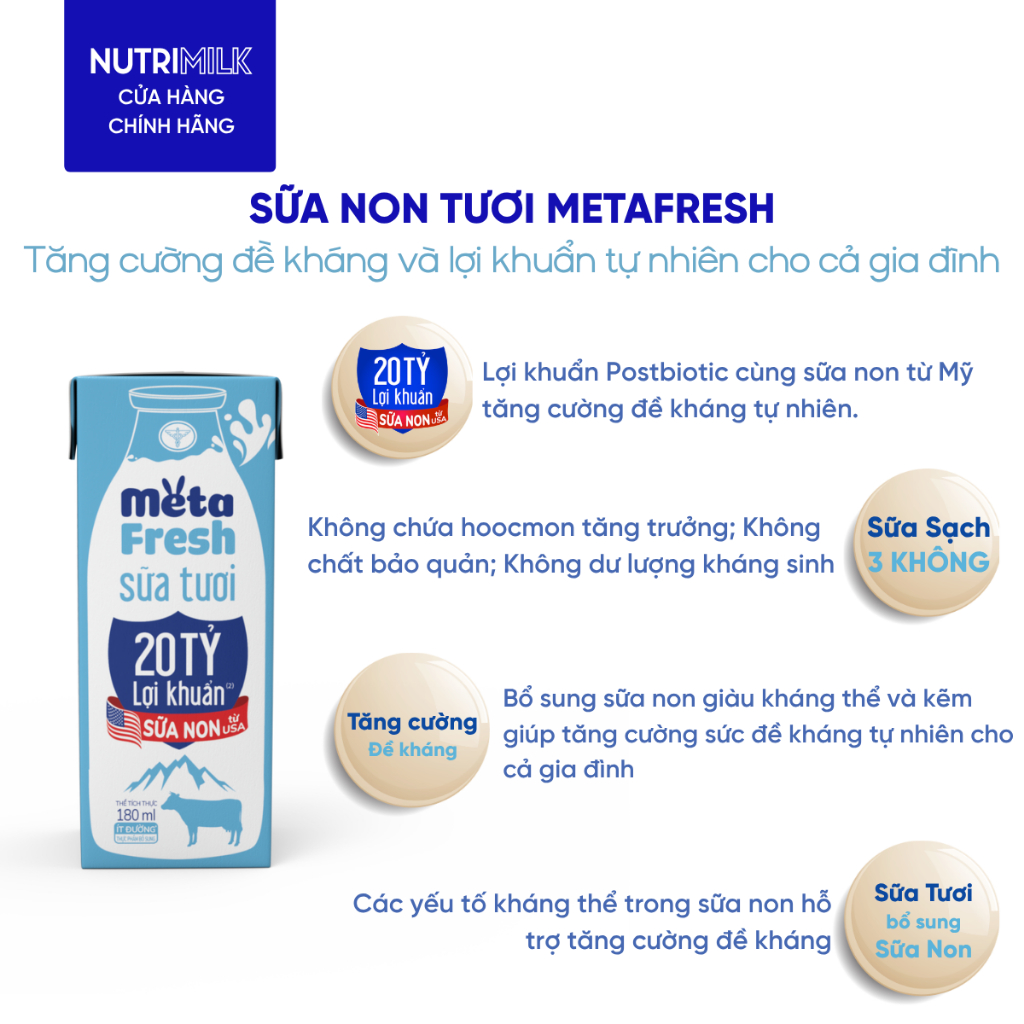 Thùng 48 Hộp Sữa Tươi META FRESH 20 TỶ LỢI KHUẨN Ít Đường Nutricare Sữa Tươi Tiệt Trùng Bổ Sung Lợi Khuẩn Chứa Sữa Non