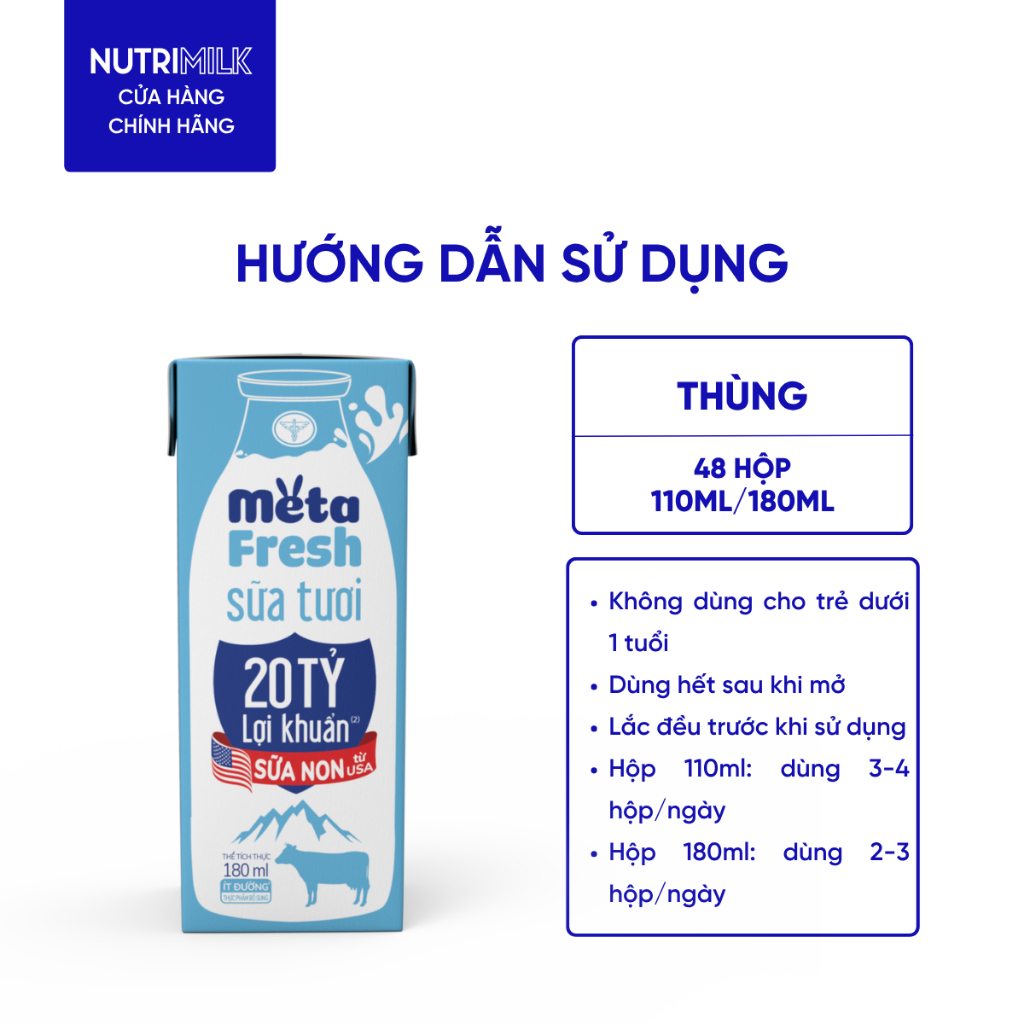 Thùng 48 Hộp Sữa Tươi META FRESH 20 TỶ LỢI KHUẨN Ít Đường Nutricare Sữa Tươi Tiệt Trùng Bổ Sung Lợi Khuẩn Chứa Sữa Non