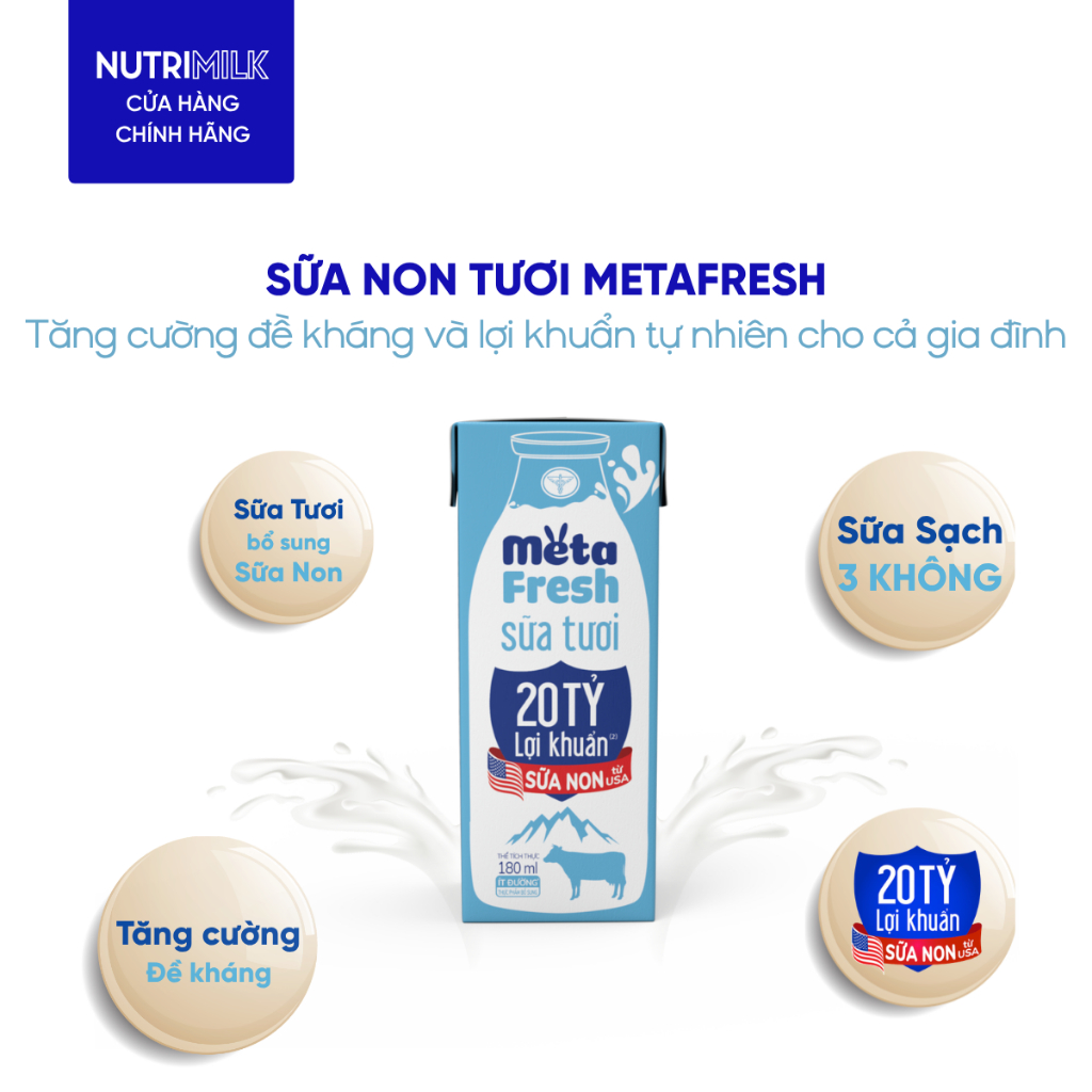 Thùng 48 Hộp Sữa Tươi META FRESH 20 TỶ LỢI KHUẨN Ít Đường Nutricare Sữa Tươi Tiệt Trùng Bổ Sung Lợi Khuẩn Chứa Sữa Non