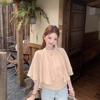 [SẴN - LOẠI 1] Áo Kiểu Nữ Cổ Tròn Tay Cánh Dơi Voan Mềm Mại, Áo Kiểu Thanh Lịch Màu Be AK19