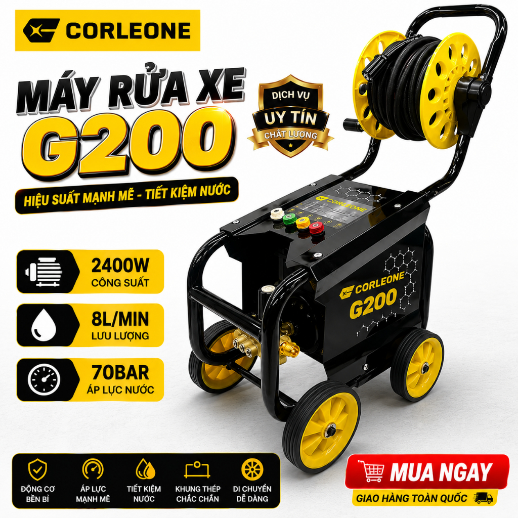 máy rửa xe g200 corleone bét rời công nghiệp có rulo bánh xe tiện lợi xịt rong rêu chuồn trại