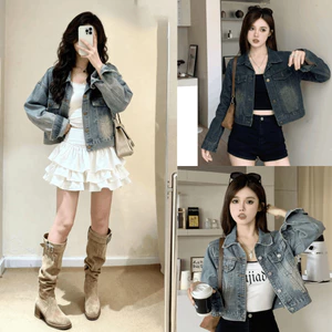 Áo Khoác Jean Croptop Nữ Xanh Wash Retro Dáng Ngắn Form Rộng Áo Khoác Jean Denim Cúc Cài Freesize