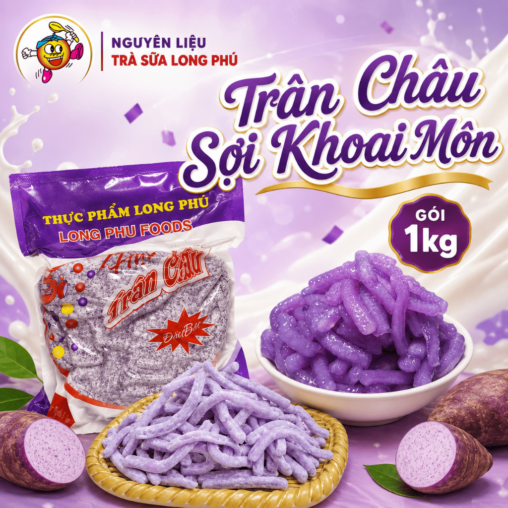 Trân Châu Sợi Vị Khoai Môn LONG PHÚ Gói 1kg - Topping Trà Sữa Dai Mềm, Nguyên Liệu Chè