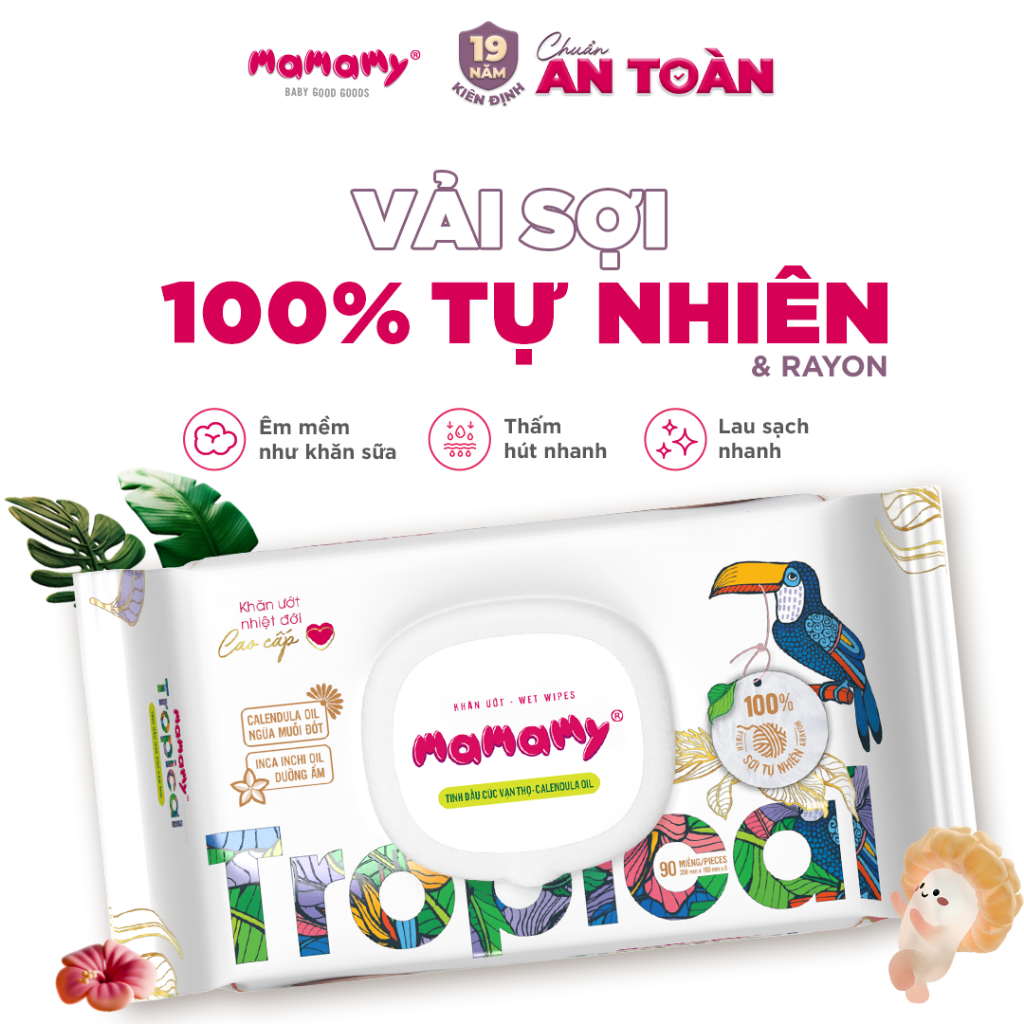 [Combo 12] Khăn ướt cao cấp cho bé Mamamy Tropical gói 90 tờ 100% sợi tự nhiên và rayon ngừa hăm, mềm dai sạch cực
