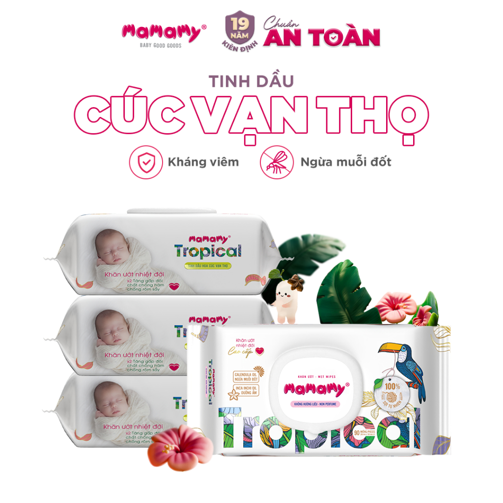 [Combo 12] Khăn ướt cao cấp cho bé Mamamy Tropical gói 90 tờ 100% sợi tự nhiên và rayon ngừa hăm, mềm dai sạch cực
