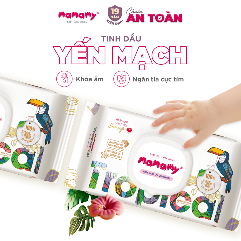 [Combo 12] Khăn ướt cao cấp cho bé Mamamy Tropical gói 90 tờ 100% sợi tự nhiên và rayon ngừa hăm, mềm dai sạch cực