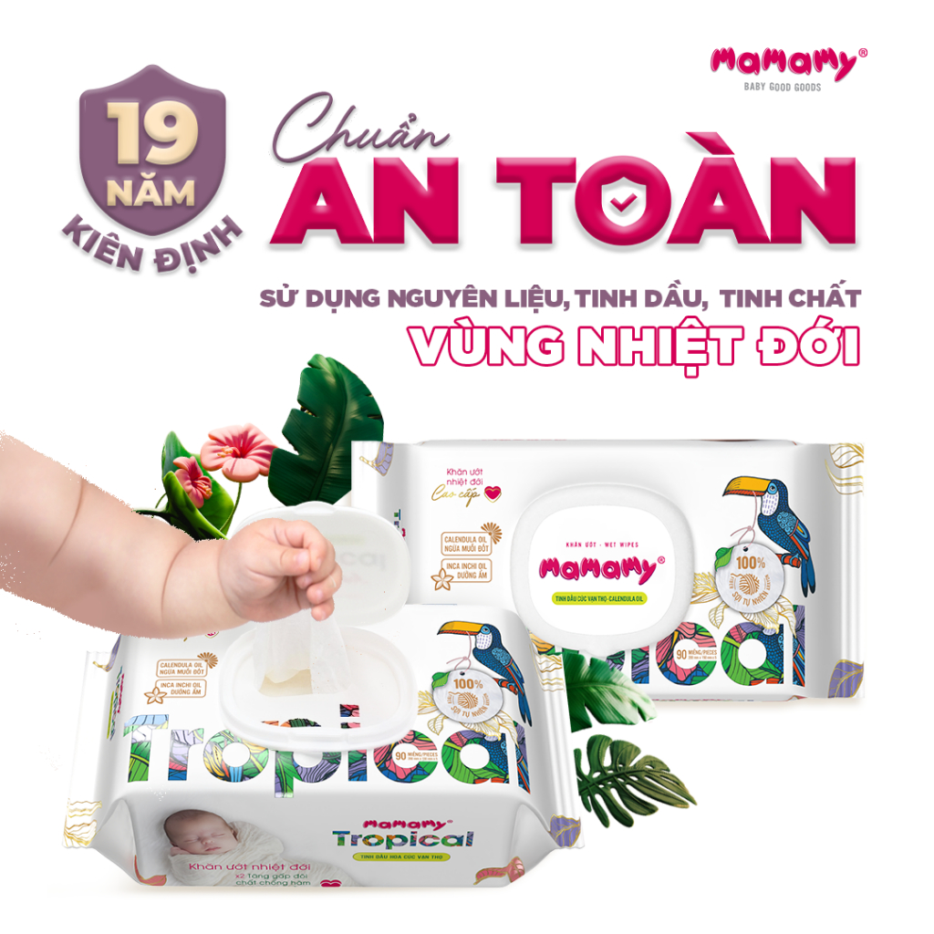 [Combo 12] Khăn ướt cao cấp cho bé Mamamy Tropical gói 90 tờ 100% sợi tự nhiên và rayon ngừa hăm, mềm dai sạch cực
