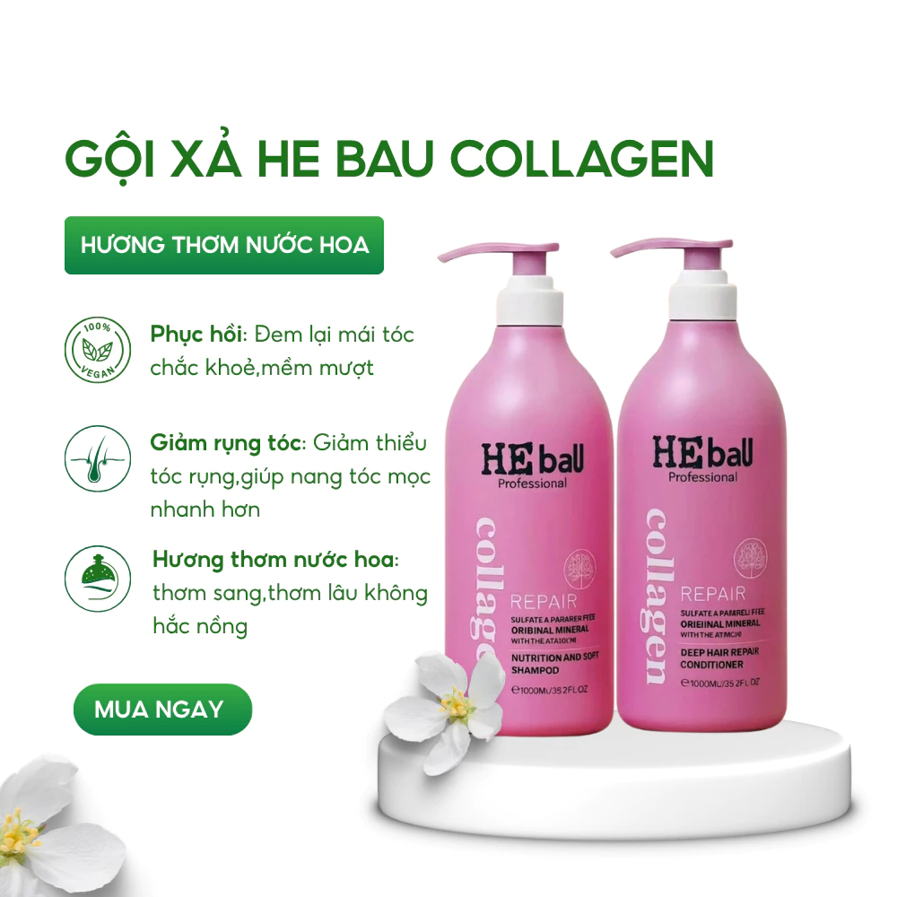 Dầu gội xả HE BAU Collagen Repair 1000ml hương thơm nước hoa giúp phục hồi tóc, kiềm dầu, giảm rụng tóc hiệu quả