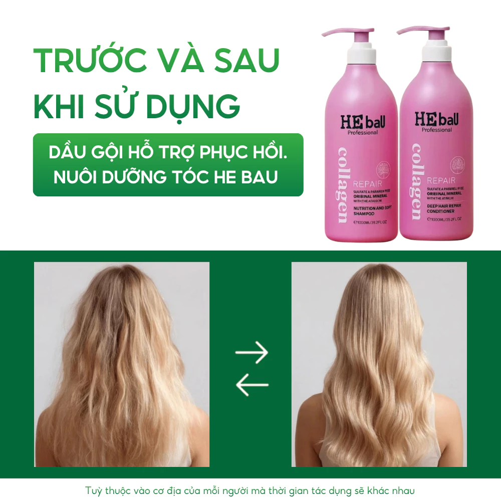 Dầu gội xả HE BAU Collagen Repair 1000ml hương thơm nước hoa giúp phục hồi tóc, kiềm dầu, giảm rụng tóc hiệu quả