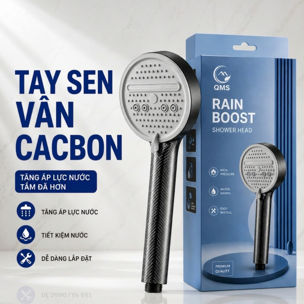 Bộ Vòi Sen QMS, Tay Sen Tăng Áp 12cm Vân Cacbon 5 Chế Độ Nước, Chất Liệu Nhựa ABS Cao Cấp - TS095