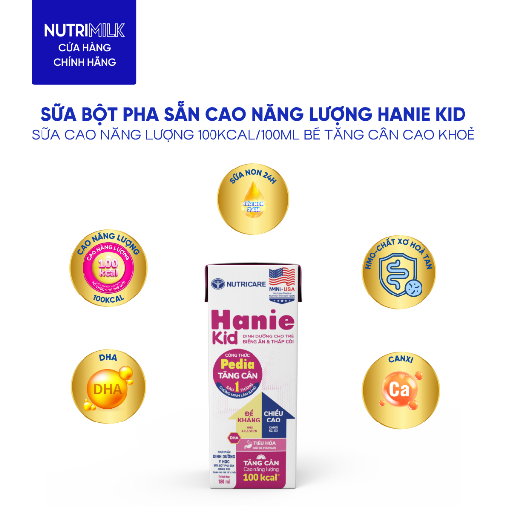 Thùng Sữa Bột Pha Sẵn HANIE KID NUTRICARE Bé Từ 1 Tuổi Suy Dinh Dưỡng Biếng Ăn Thấp Còi Sữa Non Cao Năng Lượng 48 Hộp