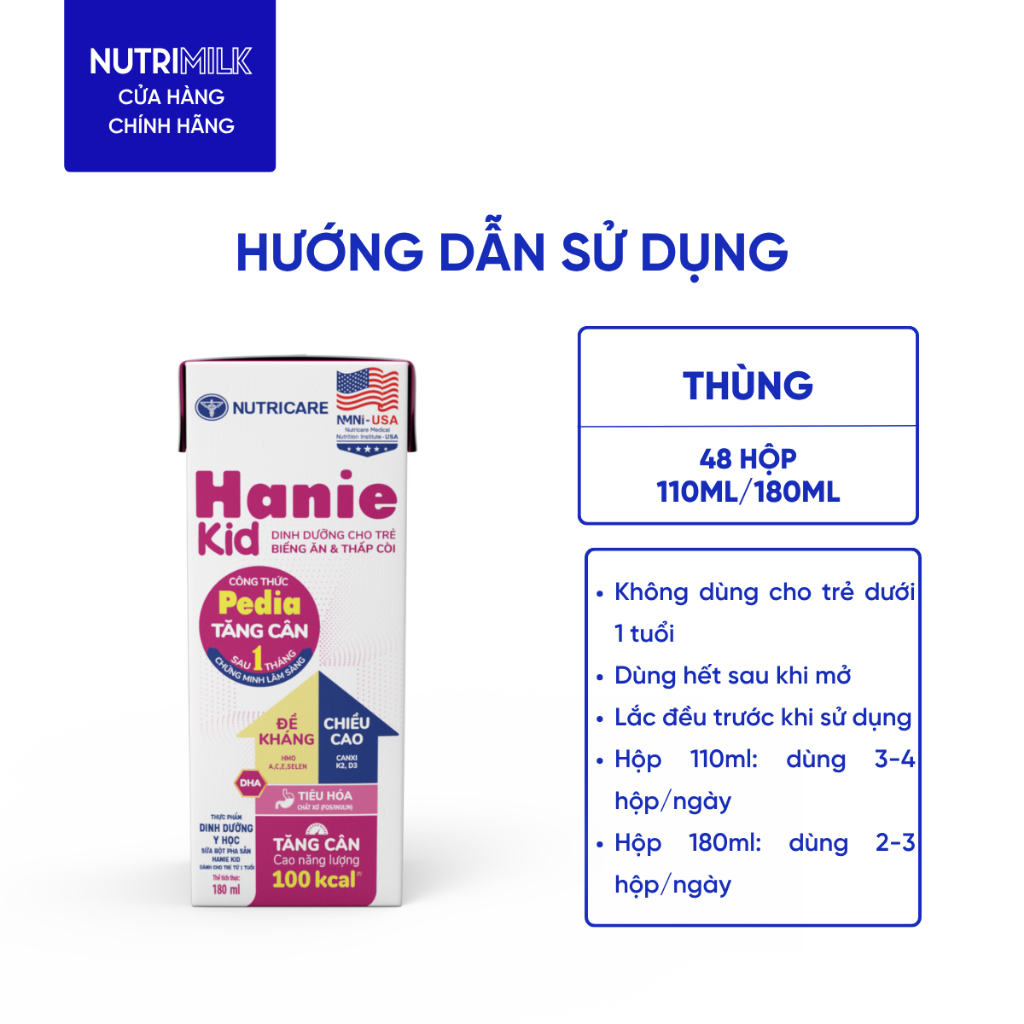 Thùng Sữa Bột Pha Sẵn HANIE KID NUTRICARE Bé Từ 1 Tuổi Suy Dinh Dưỡng Biếng Ăn Thấp Còi Sữa Non Cao Năng Lượng 48 Hộp
