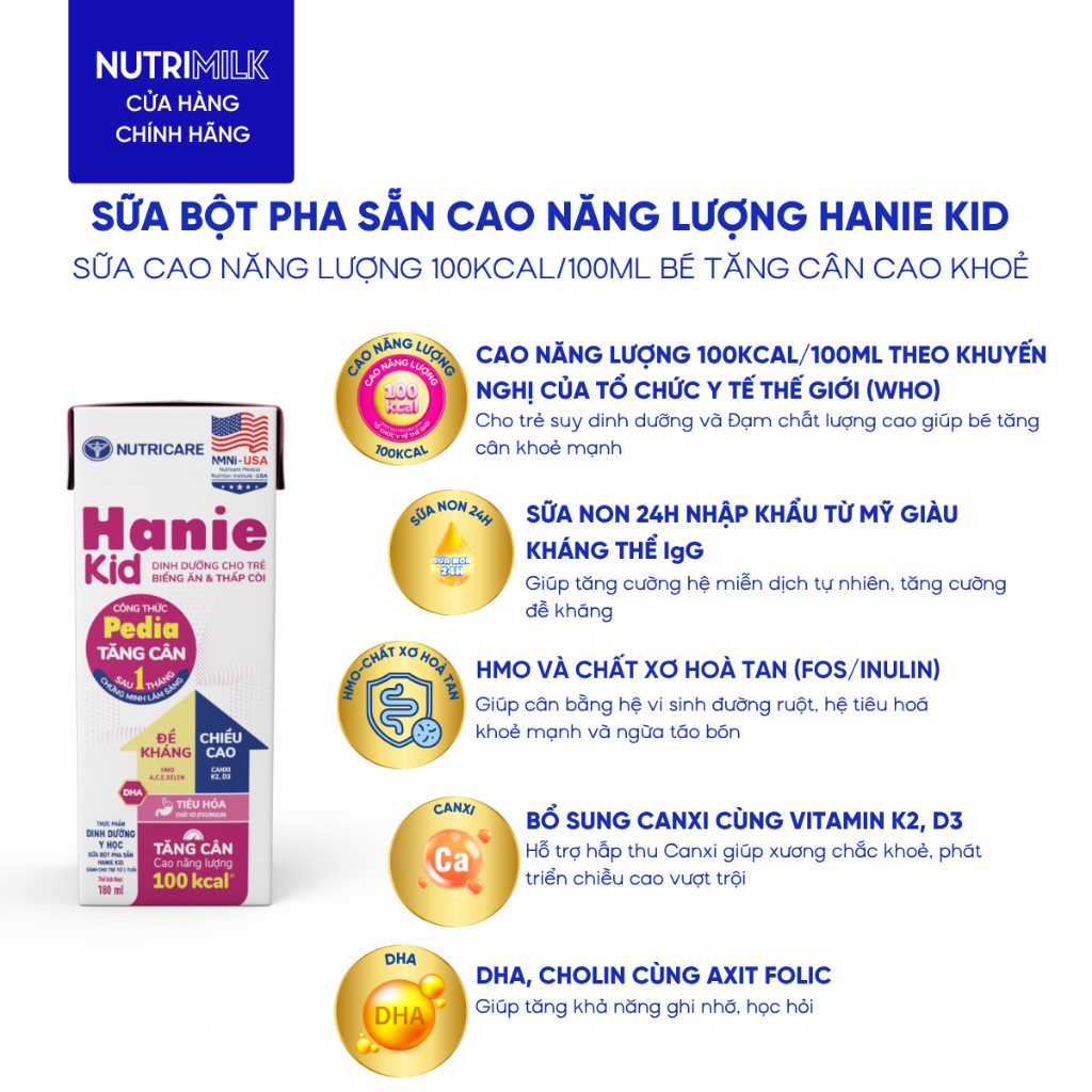 Thùng Sữa Bột Pha Sẵn HANIE KID NUTRICARE Bé Từ 1 Tuổi Suy Dinh Dưỡng Biếng Ăn Thấp Còi Sữa Non Cao Năng Lượng 48 Hộp