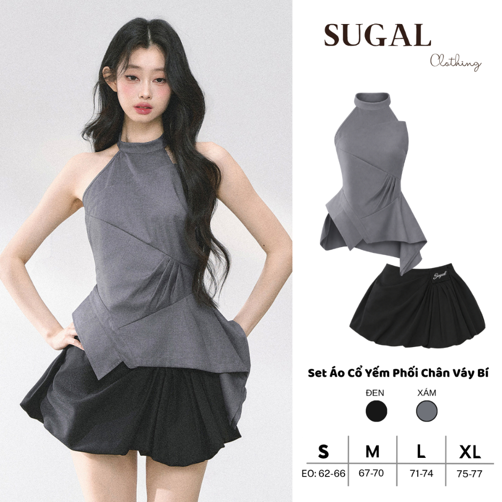 SUGAL - Set Áo Cổ Yếm Cách Điệu Tôn Eo Hack Dáng - Phối Cùng Chân Váy Bí Form Ngắn Xếp Ly Lệch | TOP NU 305 + CV NU 109