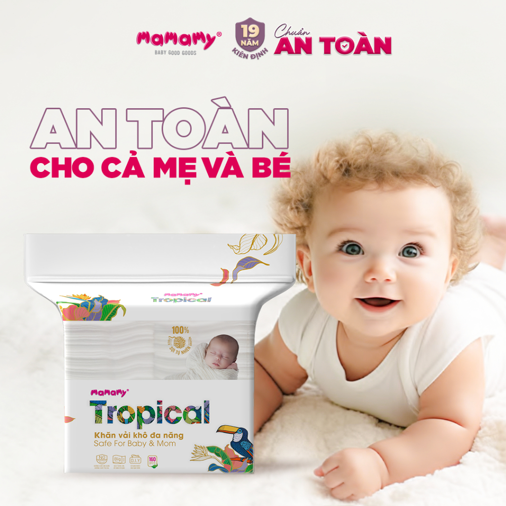 Khăn khô cao cấp cho bé Mamamy Tropical 100% sợi tự nhiên và rayon gói 160 tờ mềm, dai, sạch cực