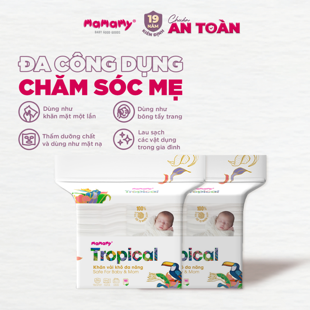 Khăn khô cao cấp cho bé Mamamy Tropical 100% sợi tự nhiên và rayon gói 160 tờ mềm, dai, sạch cực