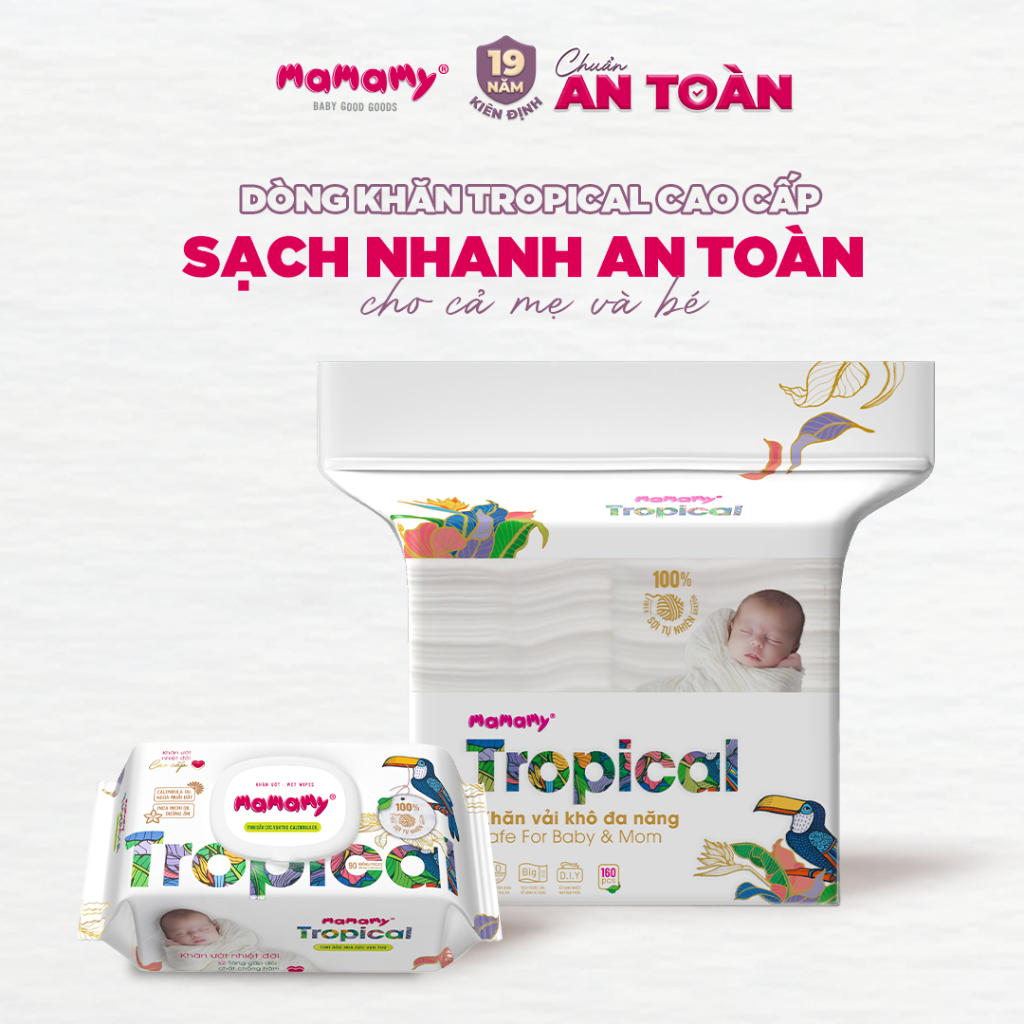 Khăn khô cao cấp cho bé Mamamy Tropical 100% sợi tự nhiên và rayon gói 160 tờ mềm, dai, sạch cực