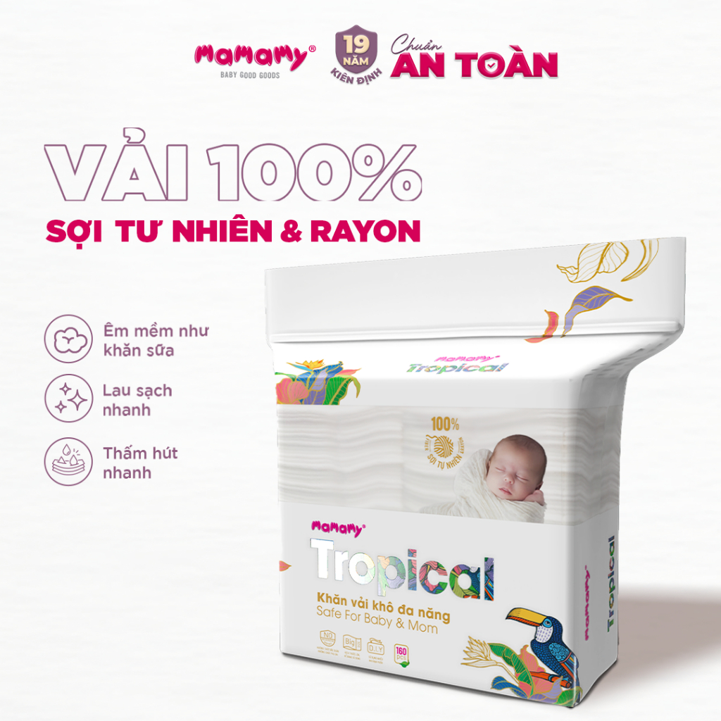 Khăn khô cao cấp cho bé Mamamy Tropical 100% sợi tự nhiên và rayon gói 160 tờ mềm, dai, sạch cực