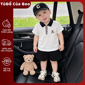 Set Đồ Bé Trai Polo Thêu Gấu,Áo Thun Cổ Bẻ+Quần Kaki Mùa Hè,Bộ Đồ Bé Trai Hàn Quốc Cotton 7-17kg A42