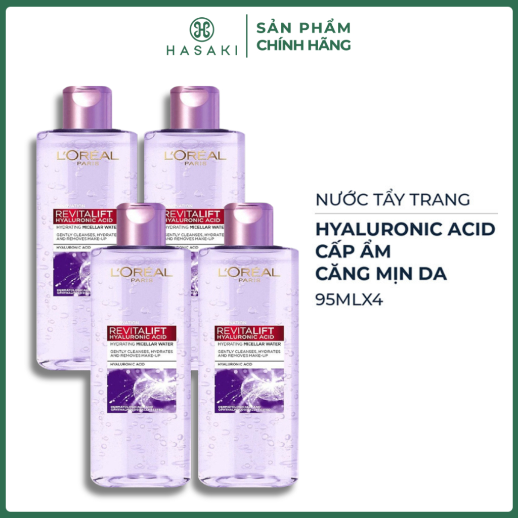 Combo 4 Nước Tẩy Trang L'Oreal Căng Mịn Da 95ml Revitalift Hyaluronic Acid Micellar Water