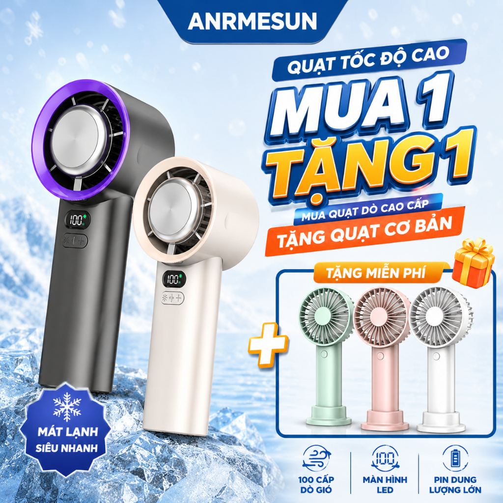 Máy làm mát bằng đá Quạt Cầm Tay Mini ANRMESUN Pin 3600mah 100 Cấp Độ Tốc Độ Gió Siêu Mạnh LED Màn hình Tích Điện Có Sò