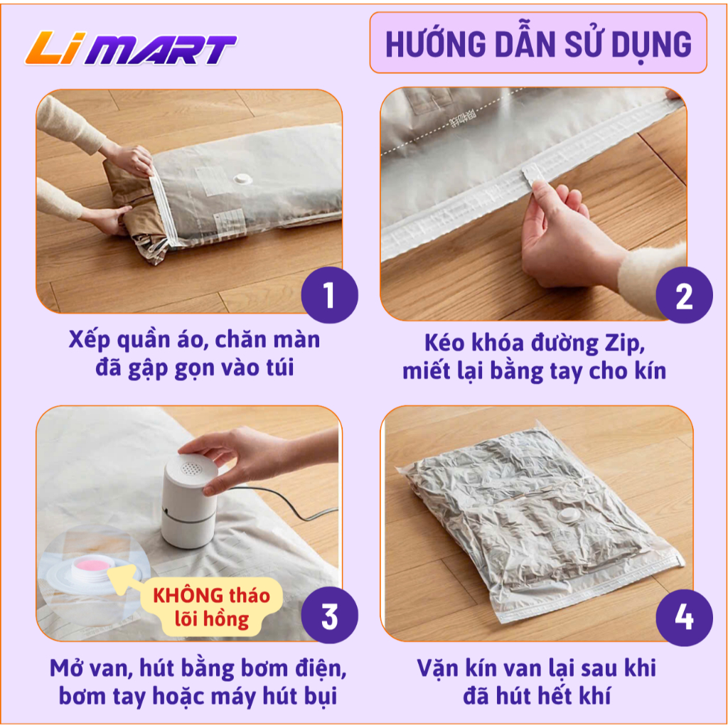 COMBO Đủ Cỡ 4,5,6,8,10 Túi Hút Chân Không đựng quần áo, chăn màn, phù hợp cho từng size vali