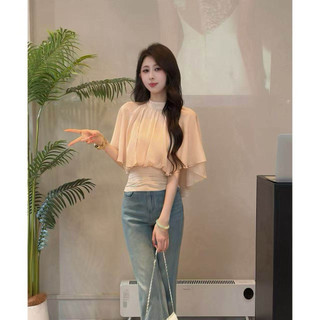 [SẴN - LOẠI 1] Áo Kiểu Nữ Cổ Tròn Tay Cánh Dơi Voan Mềm Mại, Áo Kiểu Thanh Lịch Màu Be AK19