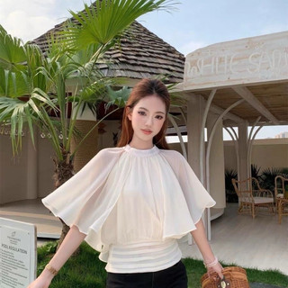 [SẴN - LOẠI 1] Áo Kiểu Nữ Cổ Tròn Tay Cánh Dơi Voan Mềm Mại, Áo Kiểu Thanh Lịch Màu Be AK19