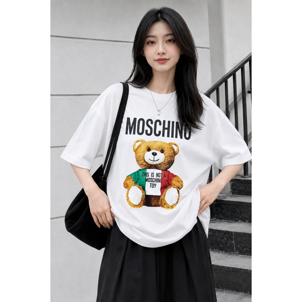 100% Cotton Áo thun unisex mặc được cả nam nữ Moschino Bear Cotton fom rộng oversize
