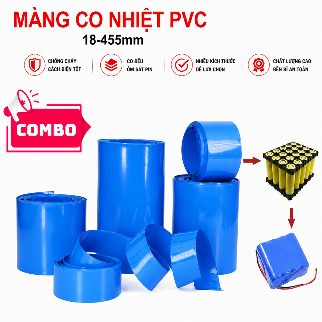 [Giá bán sỉ] Màng co nhiệt PVC bọc pin từ 18 - 455mm